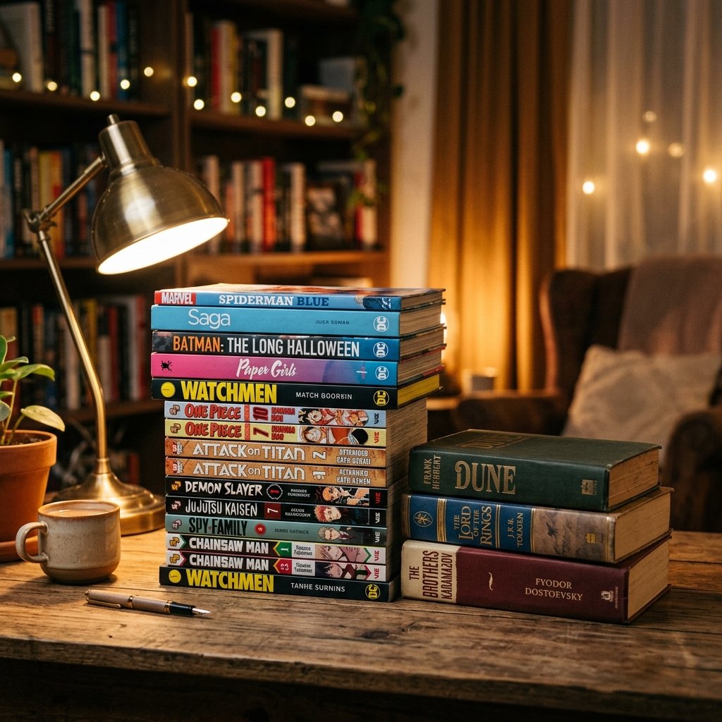 Mangas y novelas gráficas apiladas en una estantería ordenada